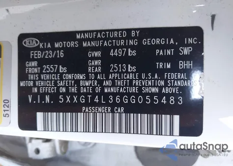 2016 Kia Optima Lx z USA, uszkodzony, nr VIN 5XXGT4L36GG055483